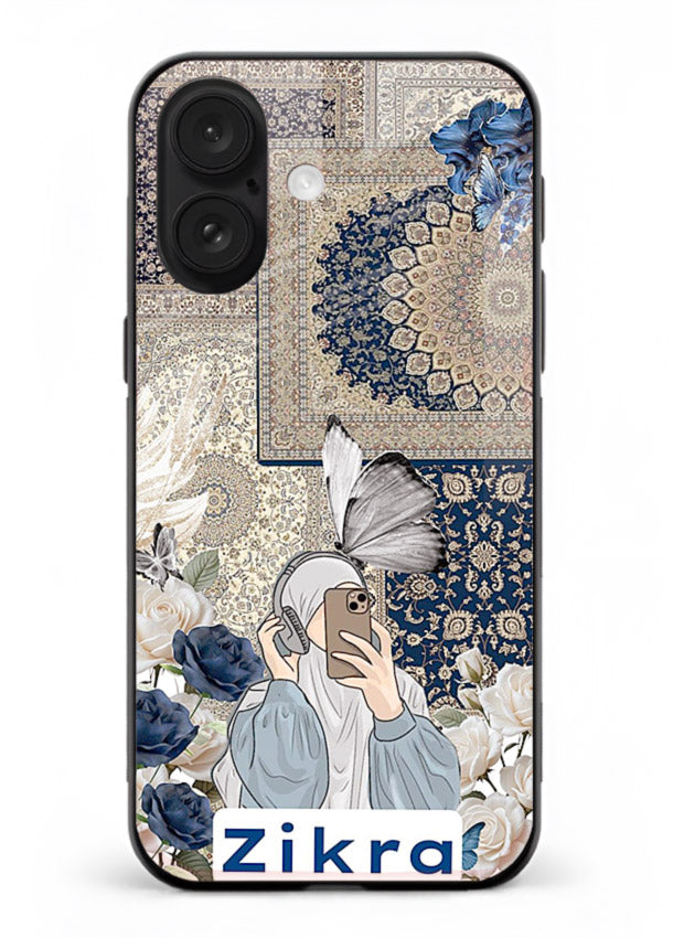 Blue floral collage artwork printed on premium tempered glass iPhone 18 back cover
