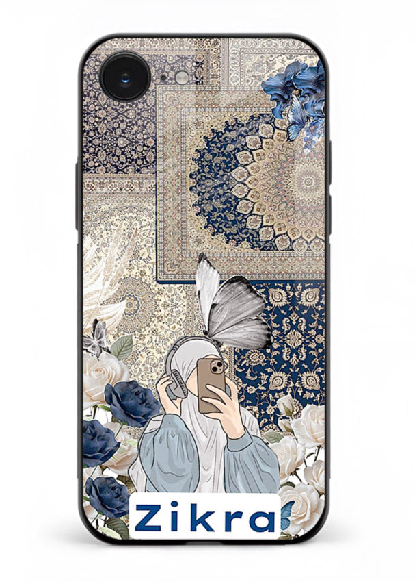 Blue floral collage artwork printed on premium tempered glass iPhone 16E back cover