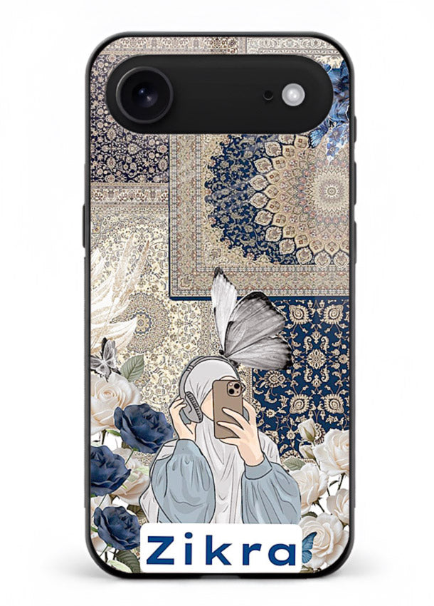 Blue floral collage artwork printed on premium tempered glass iPhone 18 Air back cover