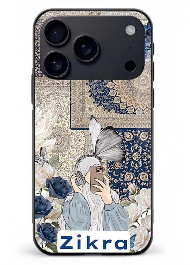 Blue floral collage artwork printed on premium tempered glass iPhone 18 Pro Max back cover