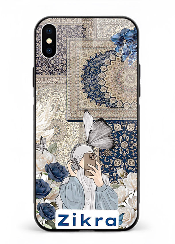 Blue floral collage artwork printed on premium tempered glass iPhone XS Max back cover