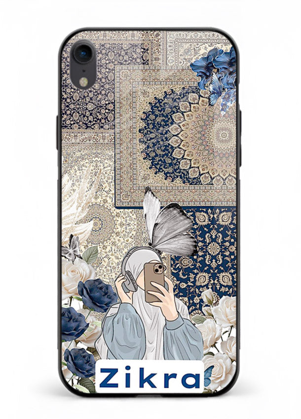 Blue floral collage artwork printed on premium tempered glass iPhone XR back cover