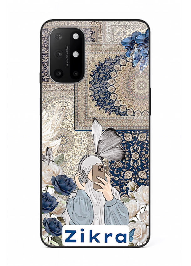 Blue floral collage artwork printed on premium tempered glass OnePlus 8T back cover