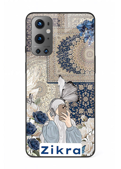 Blue floral collage artwork printed on premium tempered glass OnePlus 9 back cover