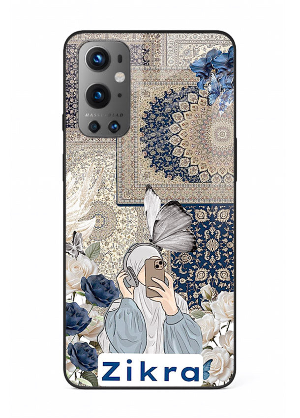 Blue floral collage artwork printed on premium tempered glass OnePlus 9 back cover