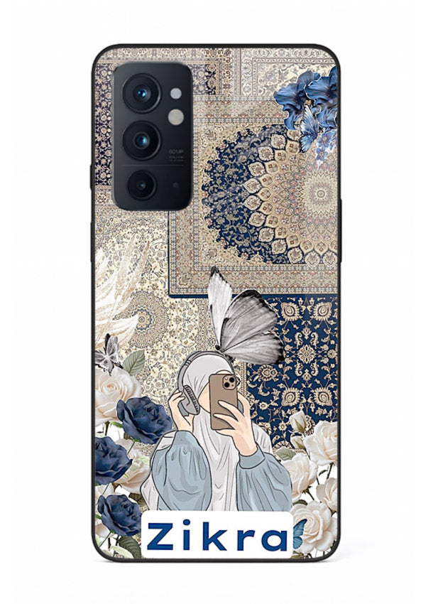 Blue floral collage artwork printed on premium tempered glass OnePlus 8 back cover