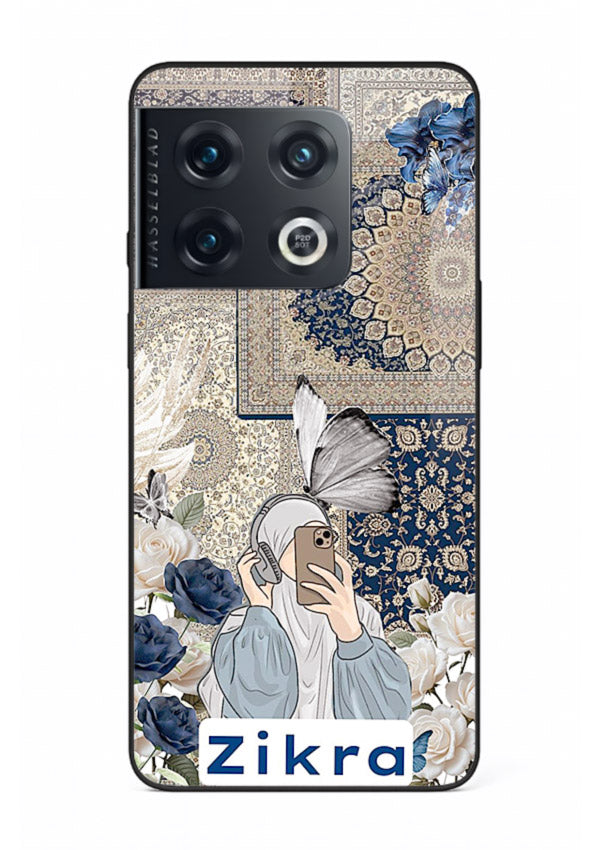 Blue floral collage artwork printed on premium tempered glass OnePlus 10 Pro back cover