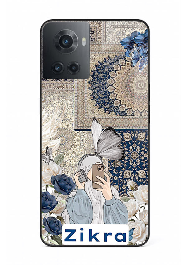 Blue floral collage artwork printed on premium tempered glass OnePlus 7T back cover