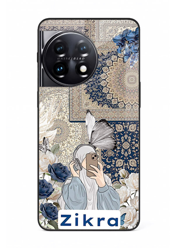 Blue floral collage artwork printed on premium tempered glass OnePlus 8T back cover