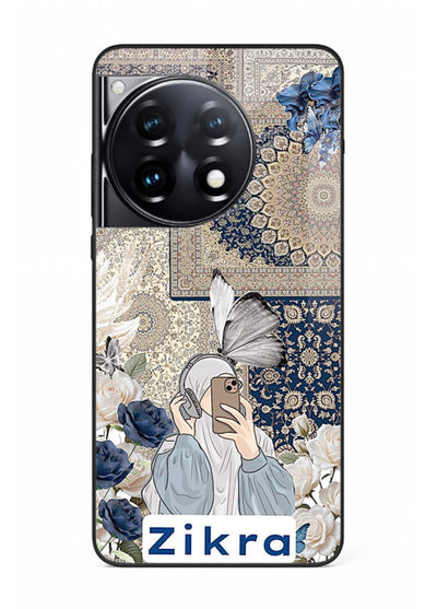 Blue floral collage artwork printed on premium tempered glass OnePlus 9 back cover