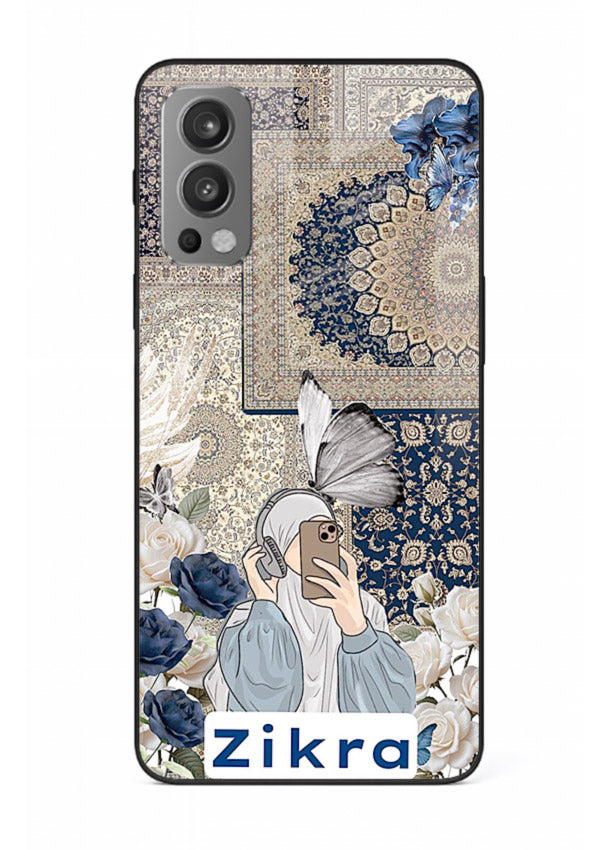 Blue floral collage artwork printed on premium tempered glass OnePlus Nord 2 back cover