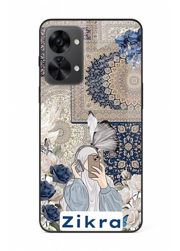 Blue floral collage artwork printed on premium tempered glass OnePlus Nord 2T back cover