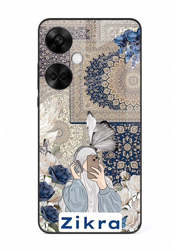 Blue floral collage artwork printed on premium tempered glass OnePlus Nord CE3 back cover
