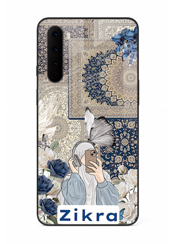 Blue floral collage artwork printed on premium tempered glass OnePlus Nord back cover