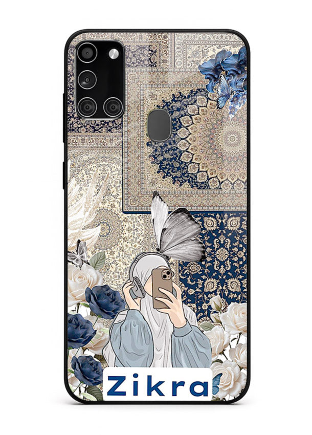 Blue floral collage artwork printed on premium tempered glass Samsung A21s back cover