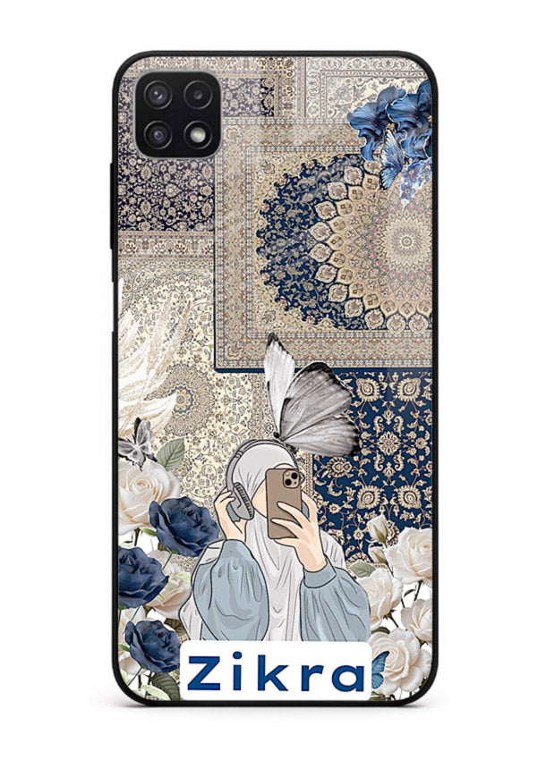 Blue floral collage artwork printed on premium tempered glass Samsung A22 5G back cover