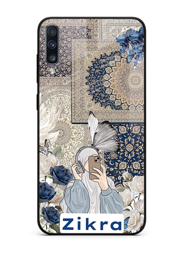 Blue floral collage artwork printed on premium tempered glass Samsung A70 back cover
