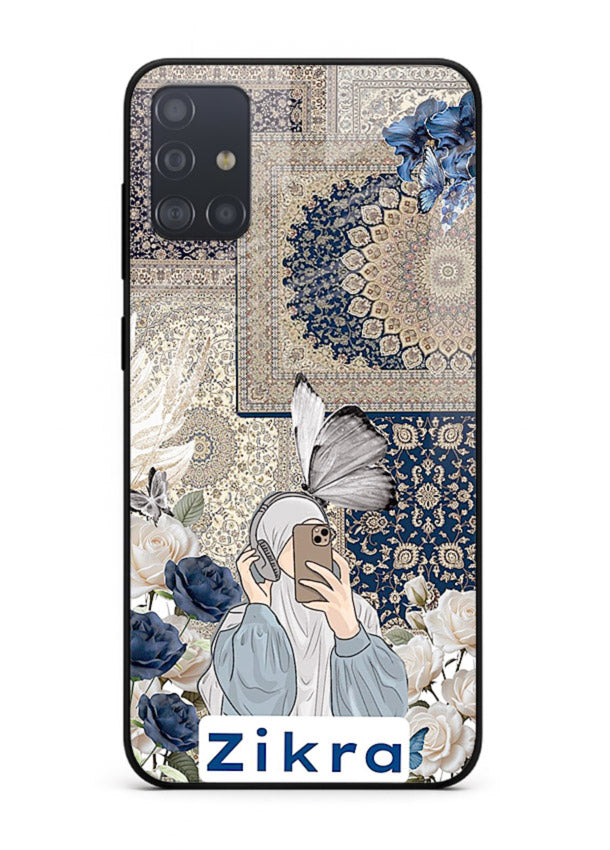 Blue floral collage artwork printed on premium tempered glass Samsung A51 back cover