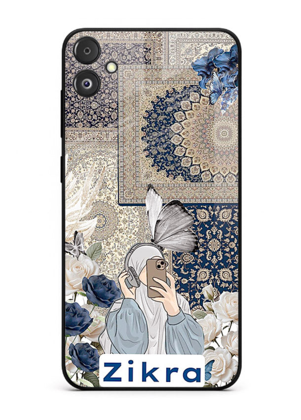 Blue floral collage artwork printed on premium tempered glass Samsung F04 5G back cover