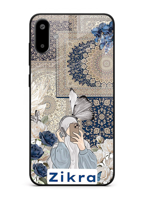 Blue floral collage artwork printed on premium tempered glass Samsung F06 5G back cover