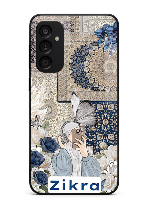 Blue floral collage artwork printed on premium tempered glass Samsung M13 4G back cover