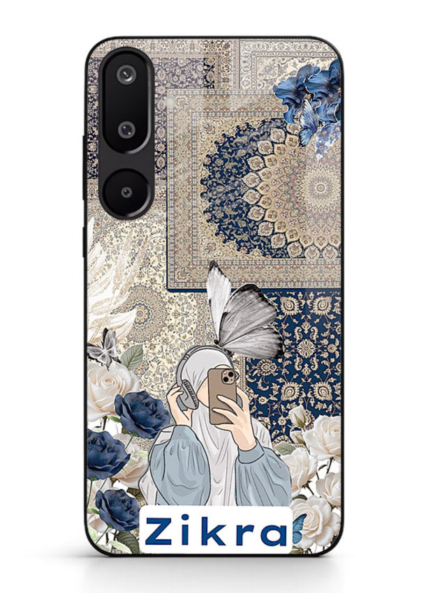 Blue floral collage artwork printed on premium tempered glass Samsung F16 5G back cover
