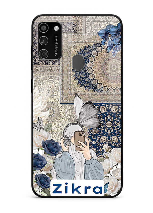 Blue floral collage artwork printed on premium tempered glass Samsung M21 back cover