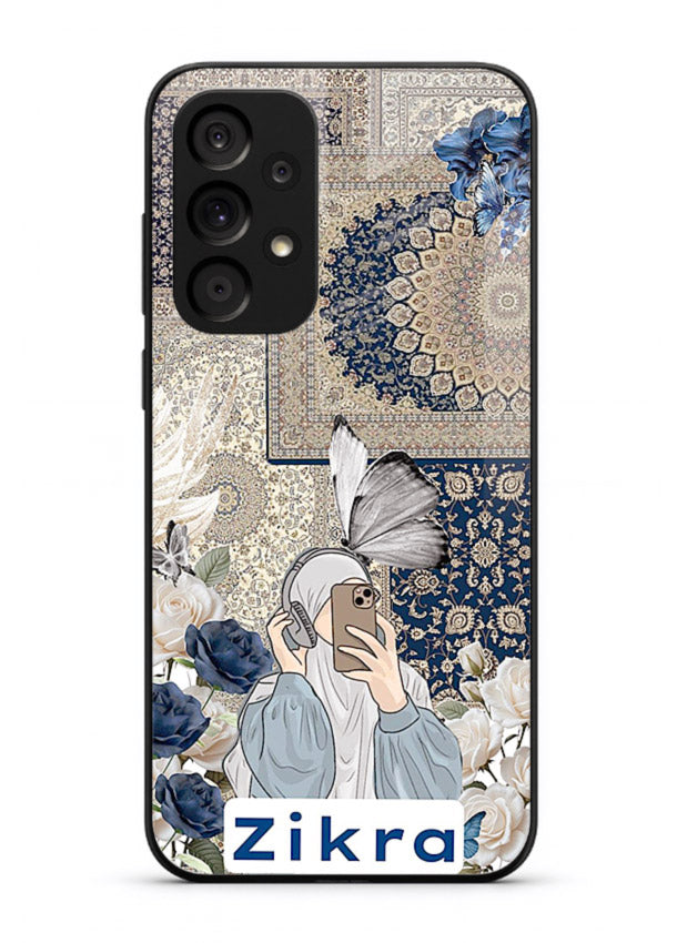 Blue floral collage artwork printed on premium tempered glass Samsung M32 5G back cover