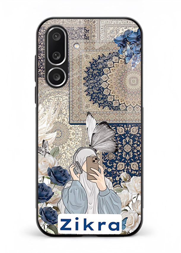 Blue floral collage artwork printed on premium tempered glass Samsung M36 5G back cover
