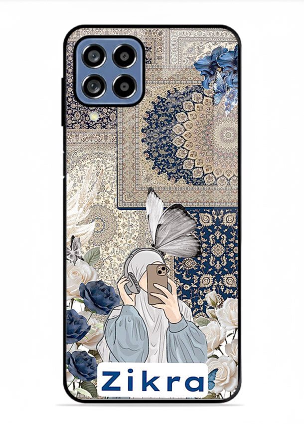 Blue floral collage artwork printed on premium tempered glass Samsung F12 5G back cover