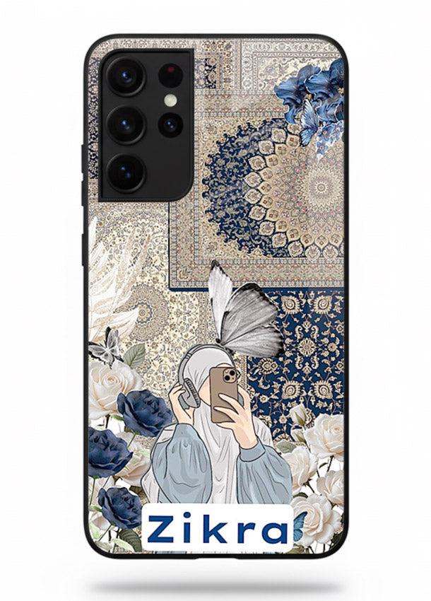 Blue floral collage artwork printed on premium tempered glass Samsung S21 Ultra back cover