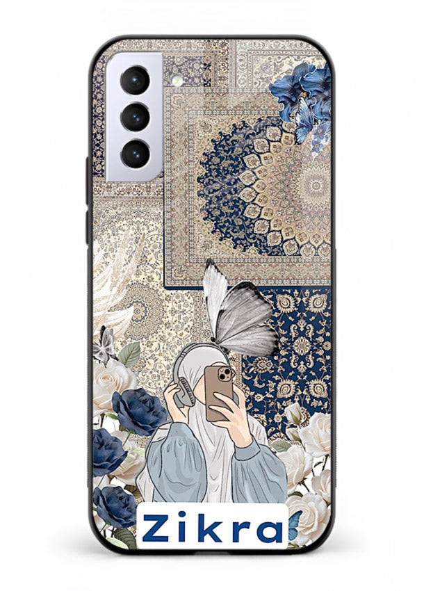 Blue floral collage artwork printed on premium tempered glass Samsung S21 FE back cover