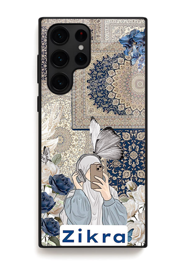 Blue floral collage artwork printed on premium tempered glass Samsung S23 Ultra back cover