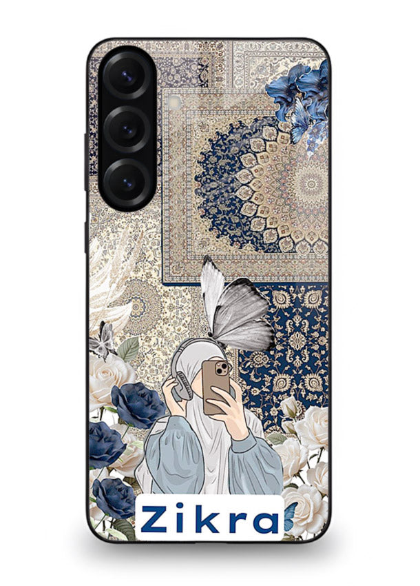 Blue floral collage artwork printed on premium tempered glass Samsung A16 5G back cover