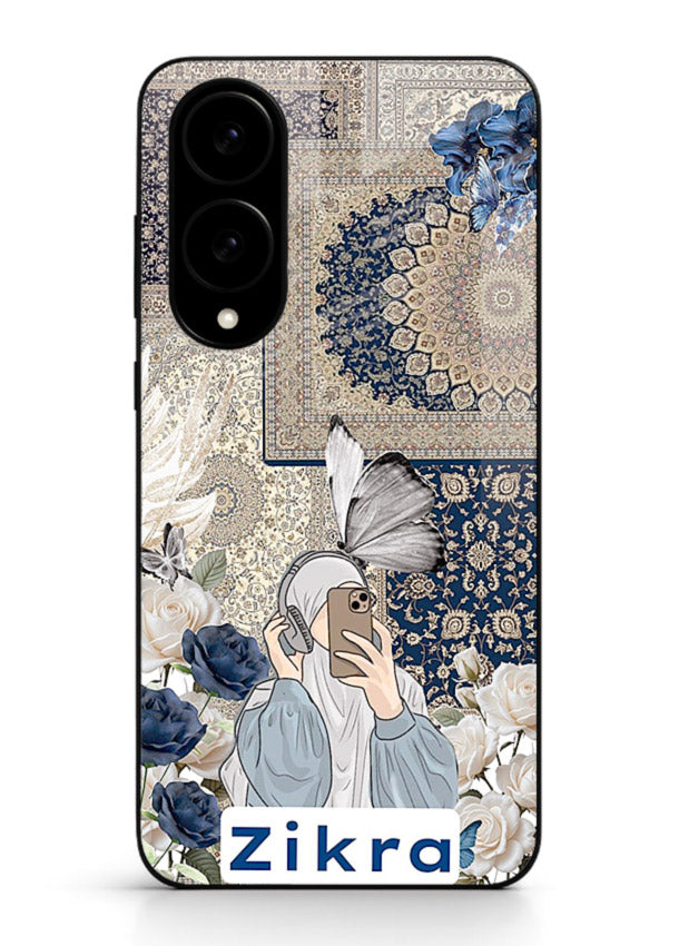 Blue floral collage artwork printed on premium tempered glass Samsung S25 Edge back cover